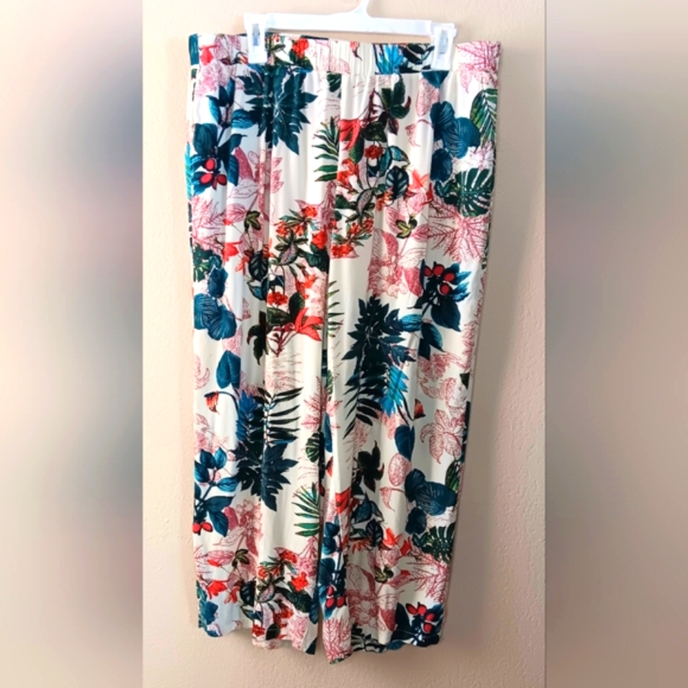 Tropical Hawaiian Light Summer Wide Leg Pants Pockets Cream 1X